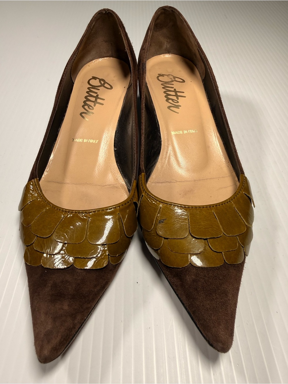Butter Italy Suede Heels Brown & Mustard Leather Detail Size 6.5 - Picture 3 of 6
